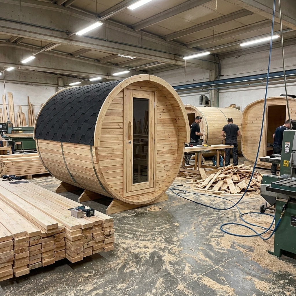 Sauna extérieur compact — Vue de la structure dans l’atelier du fabricant (5)